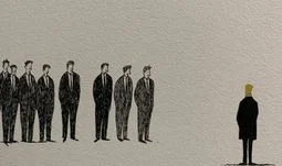 some junior bankers looking at a man with a golden head 
