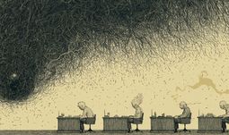 some people at desks beneath a storm 