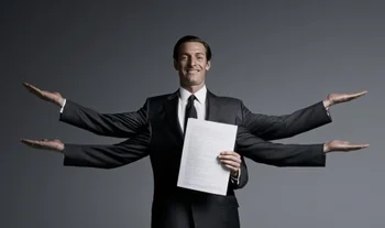 A banker with four arms holding a CV 