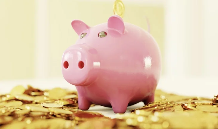a lurid piggy bank with staring metal eyes