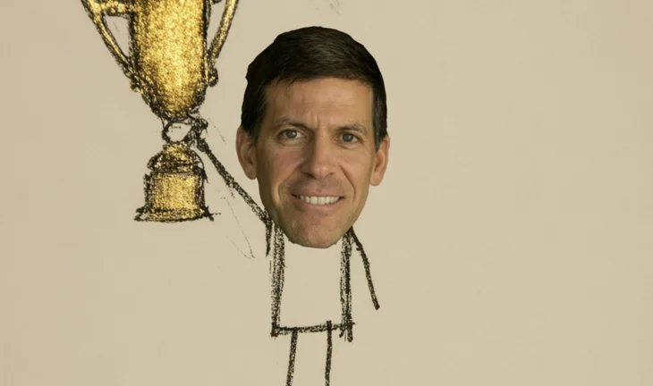 a crudely drawn man holding a giant golden cup. He has the face of John Waldron