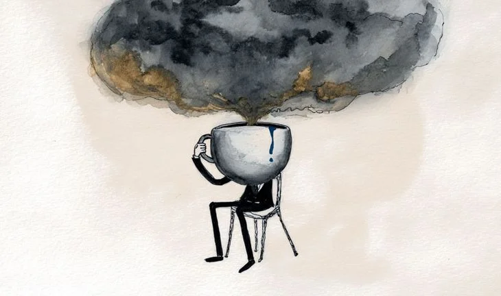 Someone sitting on a chair with a coffee cup as their head and a cloud coming out