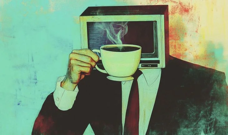 a suited man with a TV for a head holding a cup of coffee