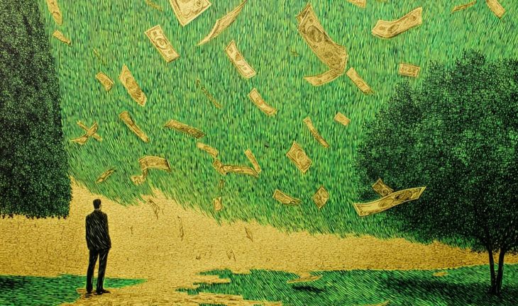 a man in a green and golden garden
