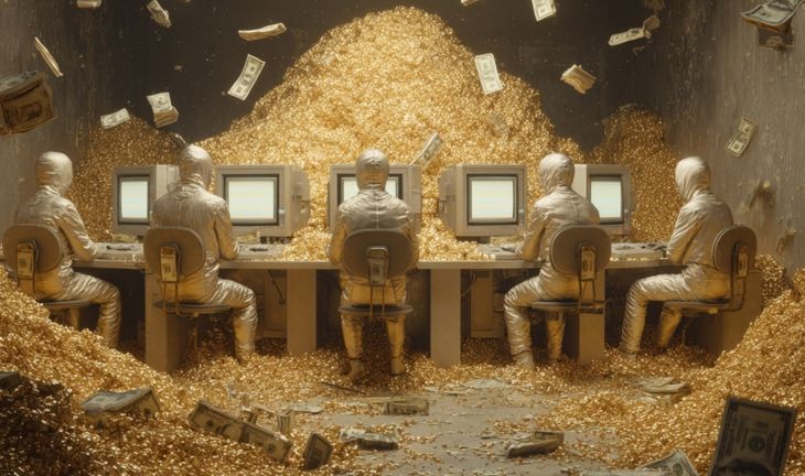 some people in space suits staring at a pile of gold while also looking at screens