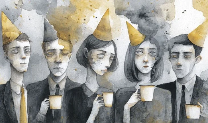 a row of people in party hats holding coffee